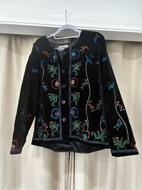 Black Embroidered Button-Front Jacket - Women's